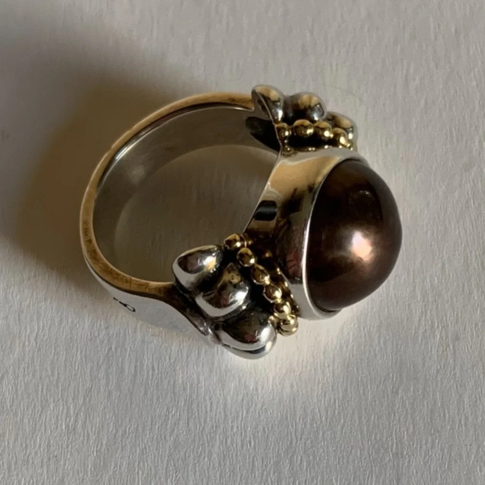 LAGOS SS and 18K gold caviar black mobe ring